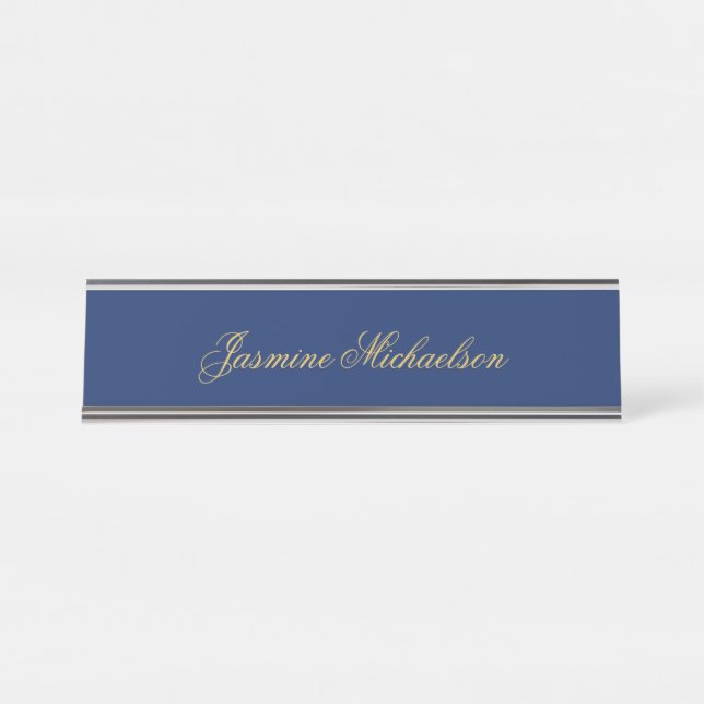 Lovely Chic Calligraphy Name Blue & Gold Desk Name Plate (Front)
