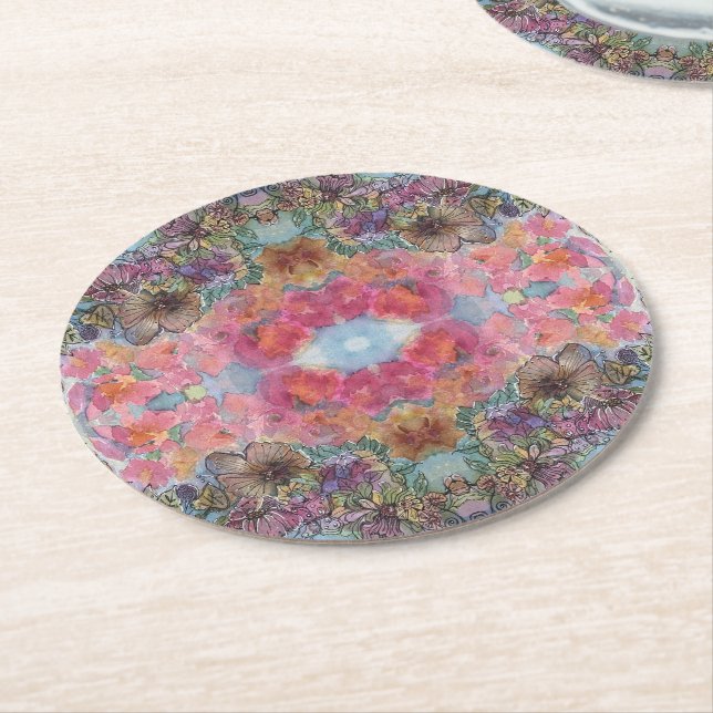 Lovely Chic Flower Garden Watercolor Painting  Round Paper Coaster (Angled)