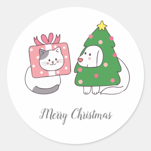 Lovely Christmas Cat And Dog Cartoon Classic Round Sticker (Front)