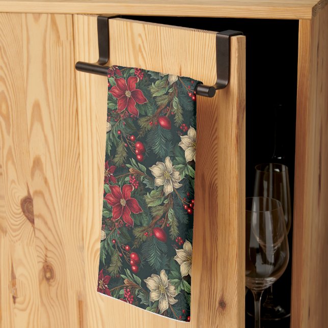 Lovely Christmas chinoiserie floral Tea Towel (Thirds Fold)