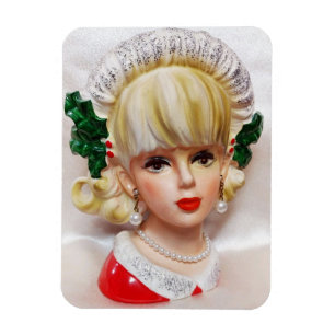 Lovely Christmas Girl Head Vase Holly and Fur Magnet