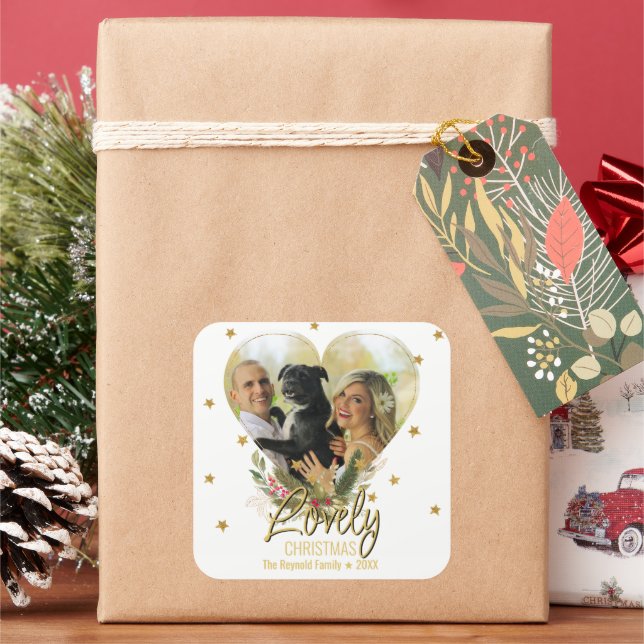 Lovely Christmas Gold Glitter Stars Heart Photo Square Sticker (Holiday)