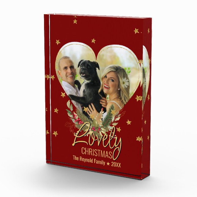 Lovely Christmas Photo Heart Gold Glitter Star Red Block (Right)