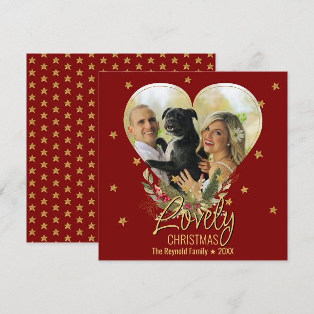 Lovely Christmas Photo Heart Gold Glitter Star Red Holiday Card (Front/Back)
