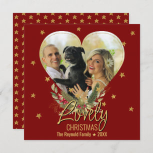 Lovely Christmas Photo Heart Gold Glitter Star Red Holiday Card