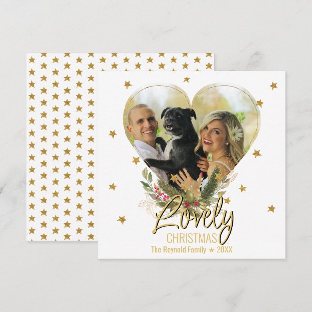 Lovely Christmas Photo Heart Gold Glitter Stars Holiday Card (Front/Back)