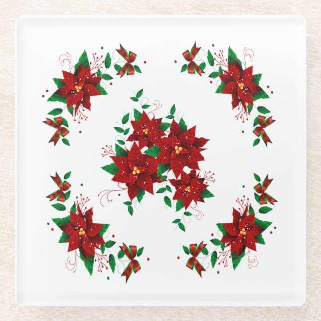 Lovely Christmas Red Flowers Glass Coaster (Front)