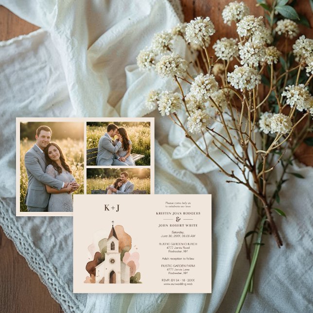 Lovely Church Watercolor 3-Photo Collage Wedding  Invitation (Lovely Church Digital Watercolor 3-Photo Collage Wedding Save the Date Cards.)