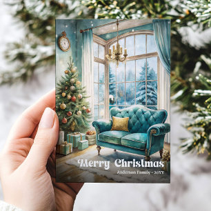 Lovely classic Christmas interior with festive  Holiday Card