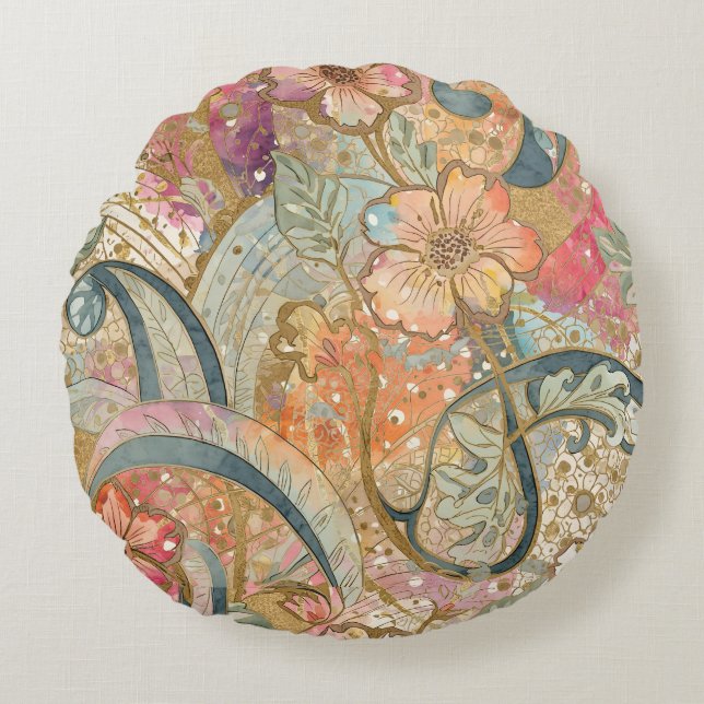 Lovely Colorful Flowers and Pattern Round Cushion (Front)