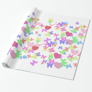 Lovely colourful butterflies and pink, red hearts wrapping paper