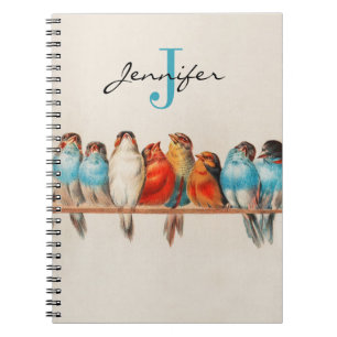 Lovely Colourful Dusty Blue Birds Vintage Monogram Notebook