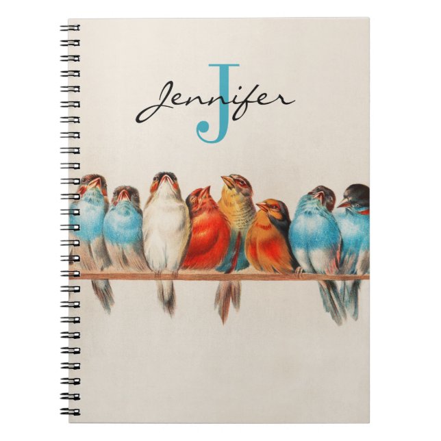Lovely Colourful Dusty Blue Birds Vintage Monogram Notebook (Front)