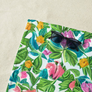 Lovely colourful summer flower pattern green pink  beach towel