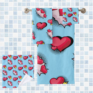Lovely comic book style red and black heart gifts bath towel set