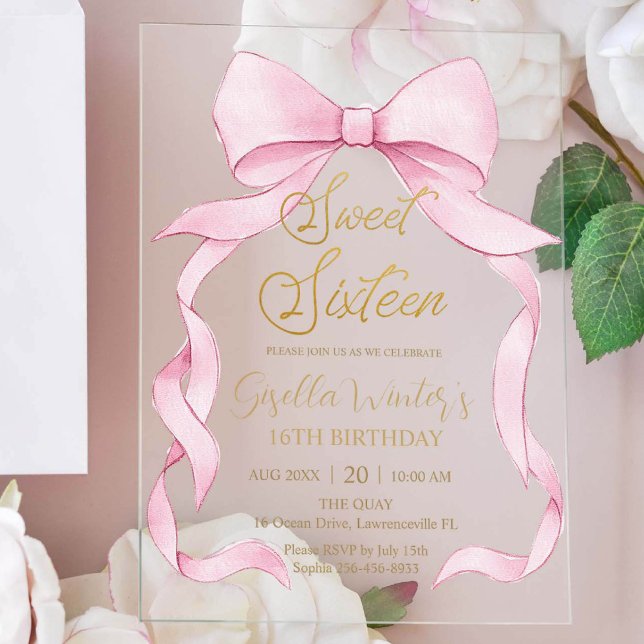 Lovely Coquette Pink Ribbon Bows Sweet 16 Birthday Acrylic Invitations (Creator Uploaded)