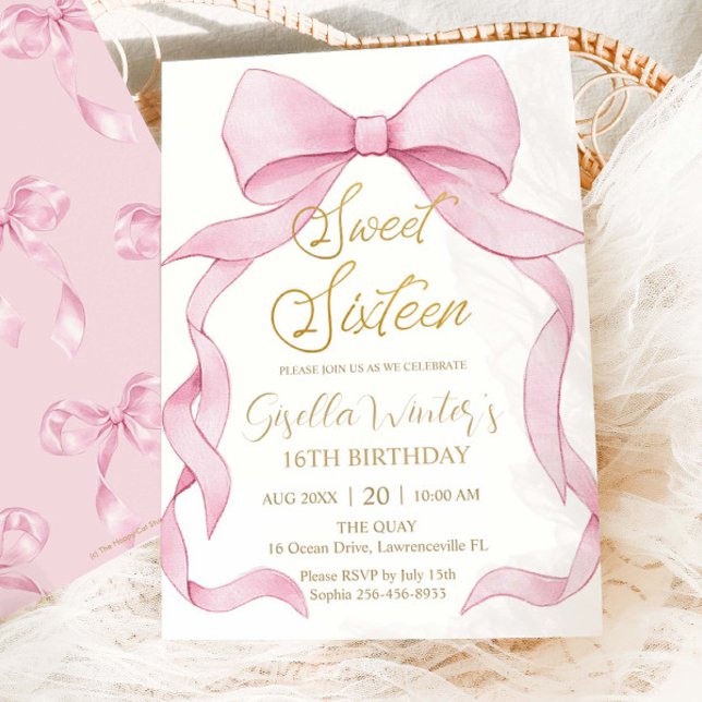 Lovely Coquette Pink Ribbon Bows Sweet 16 Birthday Invitation (Creator Uploaded)