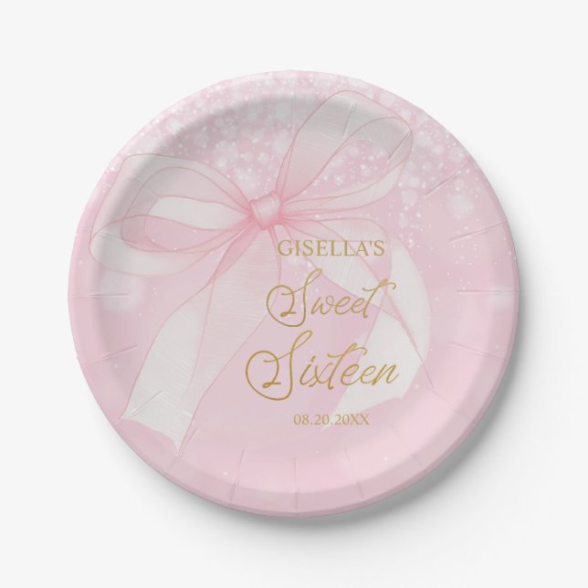 Lovely Coquette Pink Ribbon Bows Sweet 16 Sixteen Paper Plate (Front)