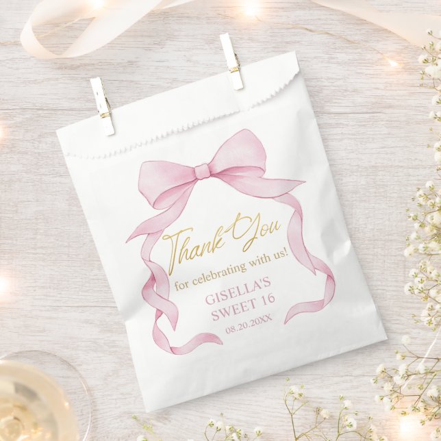 Lovely Coquette Pink Ribbon Bows Sweet Sixteen 16 Favour Bags (Clipped)