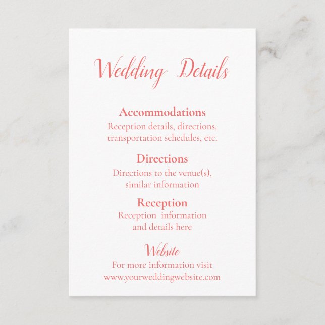 Lovely Coral and White Wedding details  Enclosure Card (Front)