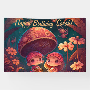 Lovely cute elves play under mushrooms banner