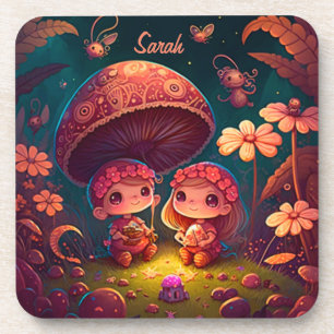 Lovely cute elves play under mushrooms      coaster
