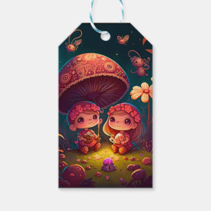 Lovely cute elves play under mushrooms gift tags
