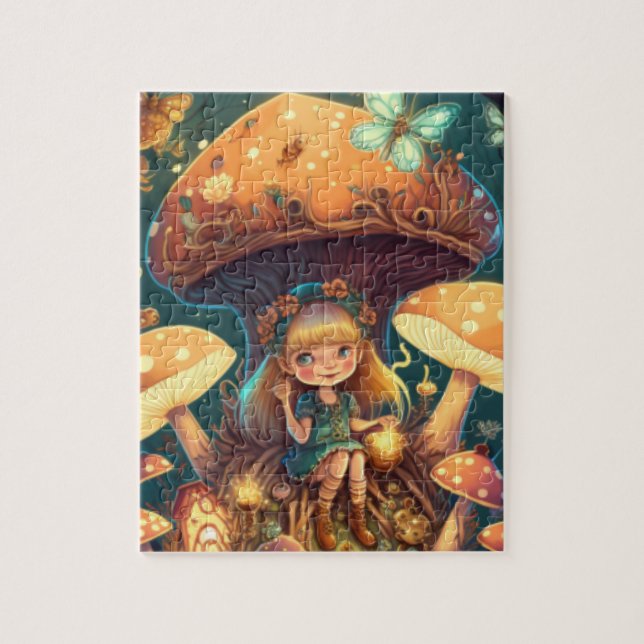 Lovely cute elves play under mushrooms     jigsaw puzzle (Vertical)
