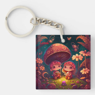 Lovely cute elves play under mushrooms key ring
