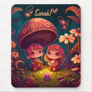 Lovely cute elves play under mushrooms mouse pad