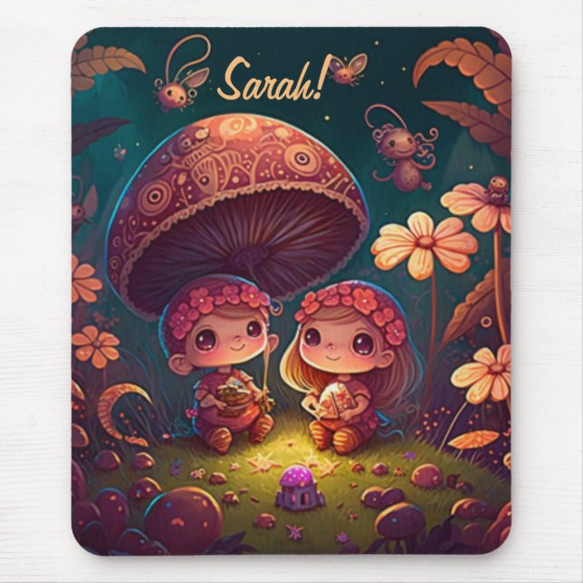 Lovely cute elves play under mushrooms             mouse pad (Front)