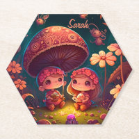 Lovely cute elves play under mushrooms     