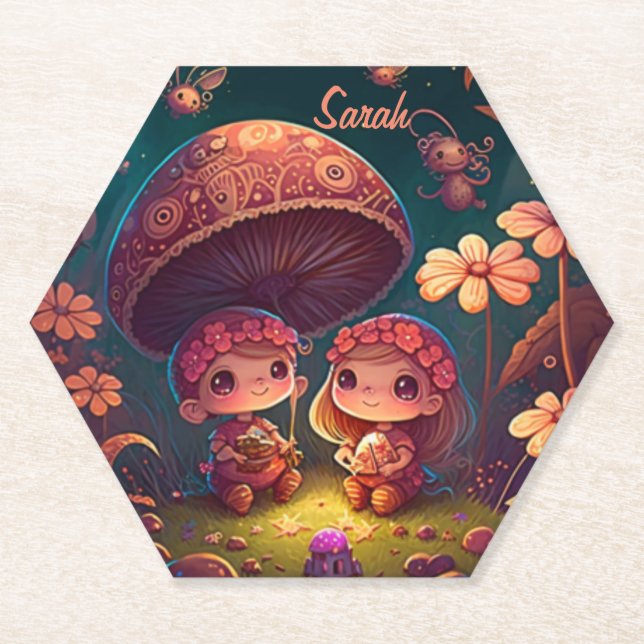 Lovely cute elves play under mushrooms      paper coaster (Front)