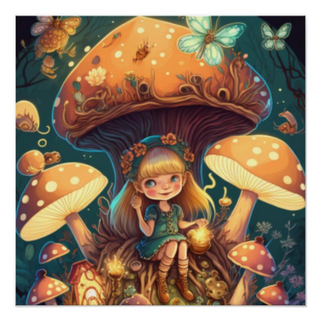 Lovely cute elves play under mushrooms    poster (Front)