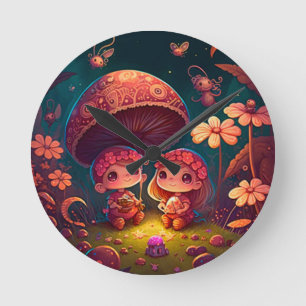 Lovely cute elves play under mushrooms round clock