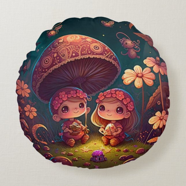Lovely cute elves play under mushrooms     round p cushion (Front)