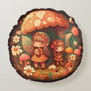 Lovely cute elves play under mushrooms     round p cushion