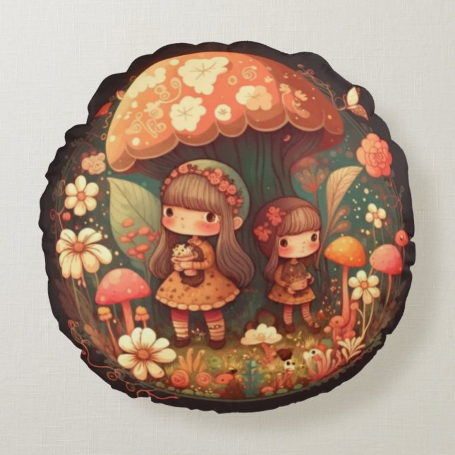 Lovely cute elves play under mushrooms     round p cushion (Front)
