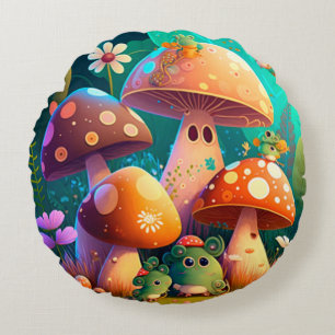 Lovely cute elves play under mushrooms round p cushion