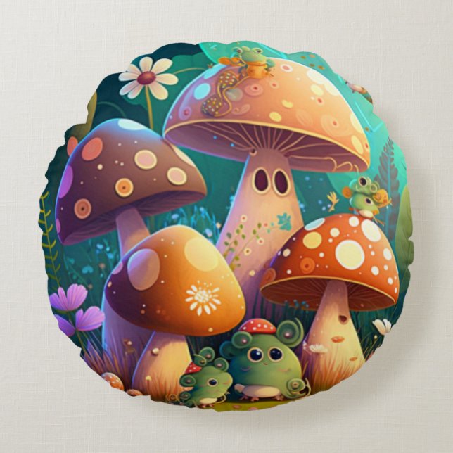 Lovely cute elves play under mushrooms     round p round cushion (Front)