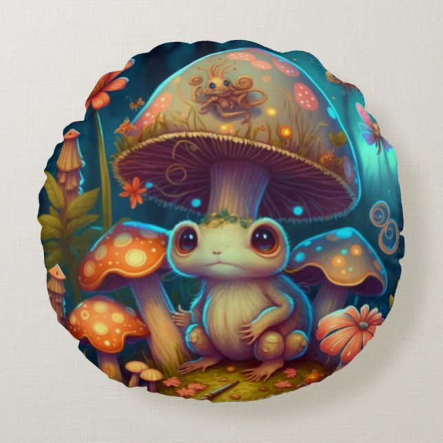 Lovely cute elves play under mushrooms     round p round cushion (Front)