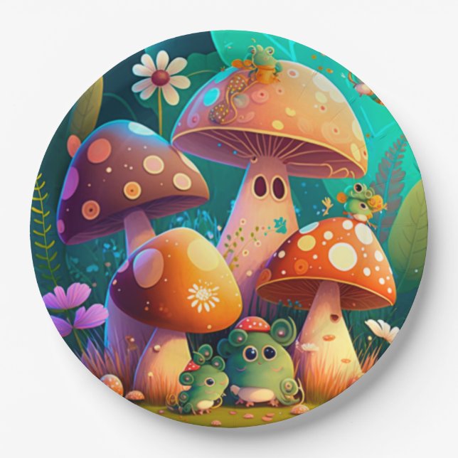 Lovely cute elves play under mushrooms  round pill paper plate (Front)