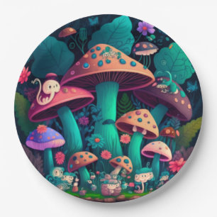 Lovely cute elves play under mushrooms round pill paper plate