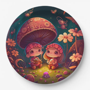 Lovely cute elves play under mushrooms  round pill paper plate
