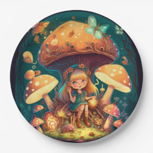 Lovely cute elves play under mushrooms  round pill paper plate