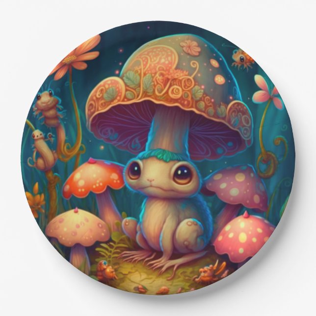 Lovely cute elves play under mushrooms  round pill paper plate (Front)