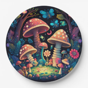 Lovely cute elves play under mushrooms  round pill paper plate