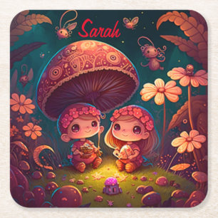 Lovely cute elves play under mushrooms     square paper coaster