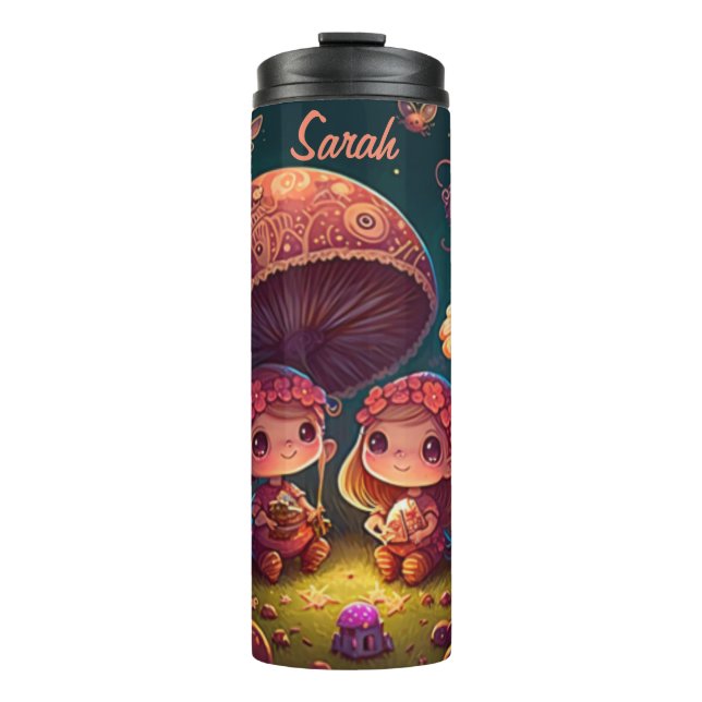 Lovely cute elves play under mushrooms     thermal tumbler (Front)