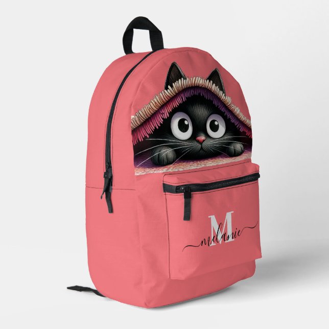 Lovely Cute Kitten Custom Monogram Script Name Printed Backpack (Back Corner Left)